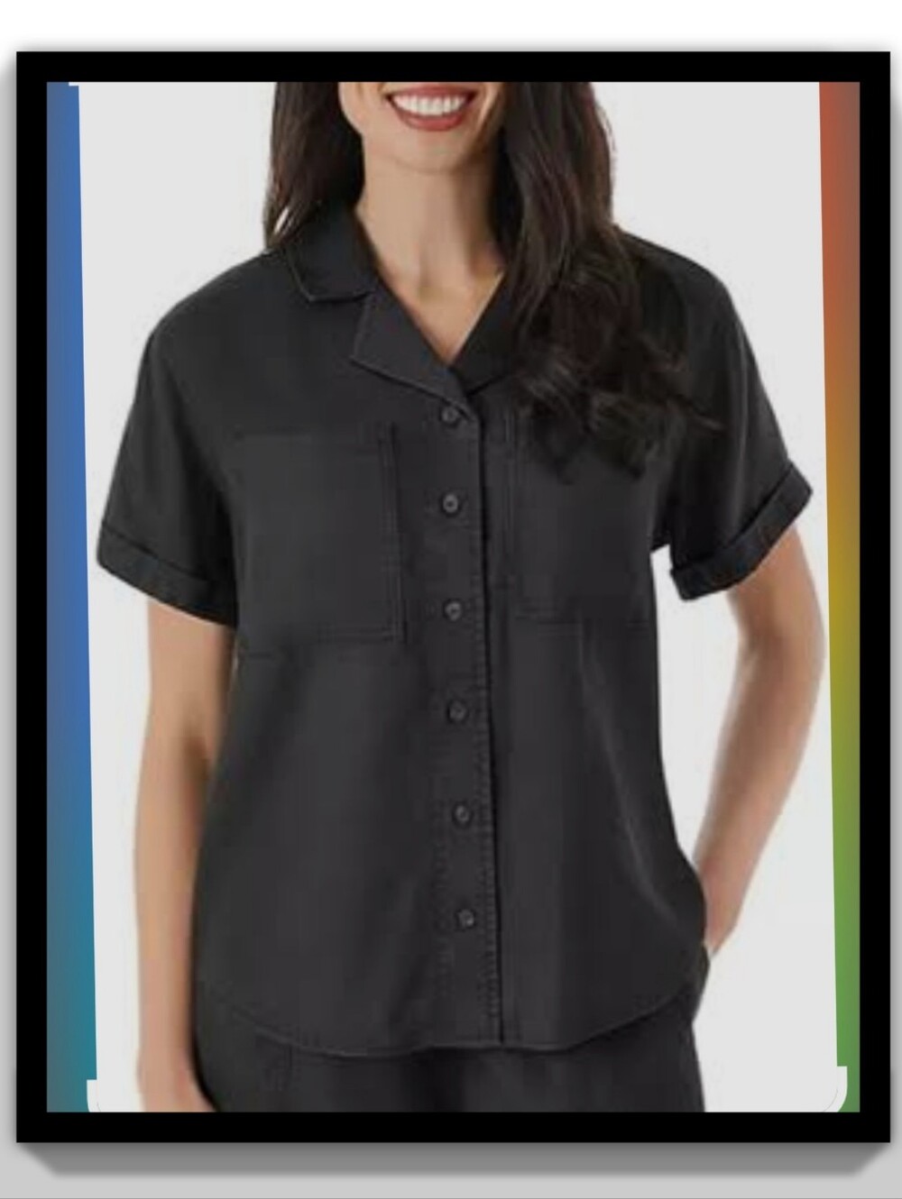 Nwt Women’s Short-Sleeve Black Button-Down Shirt Size Lg